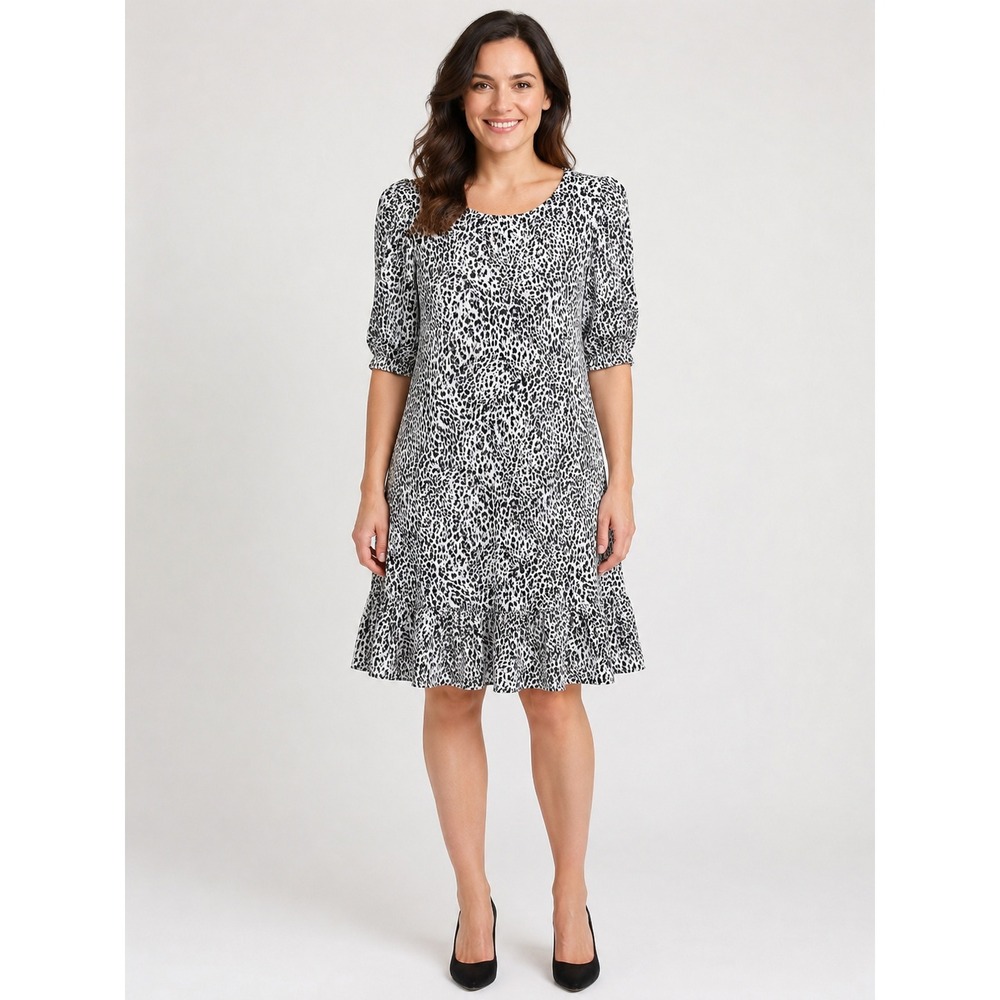 MSK Black White Animal Print Puff Sleeve Ruffle Hem Dress 3170267M Small
